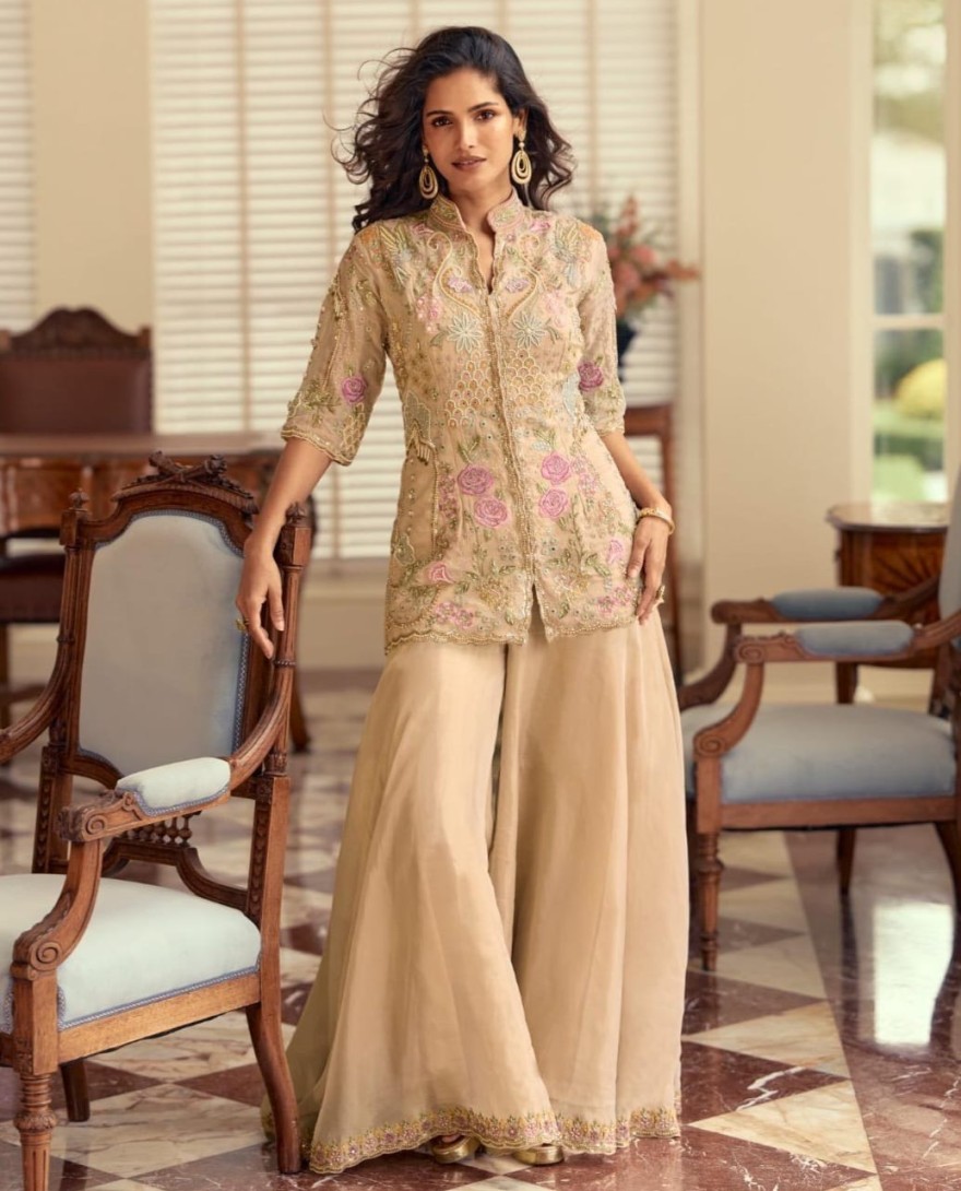 BEIGE - Beige Georgette Palazzo Kameez with Beads Work