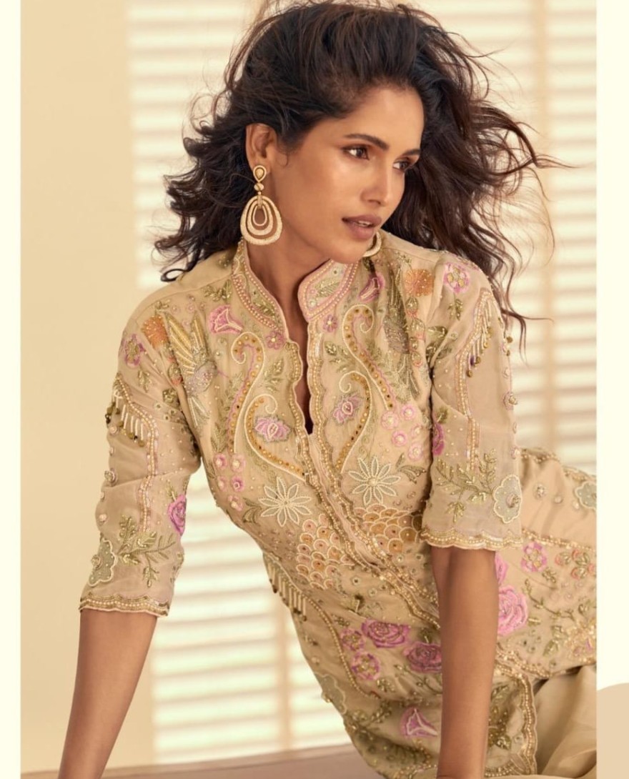 BEIGE - Beige Georgette Palazzo Kameez with Beads Work