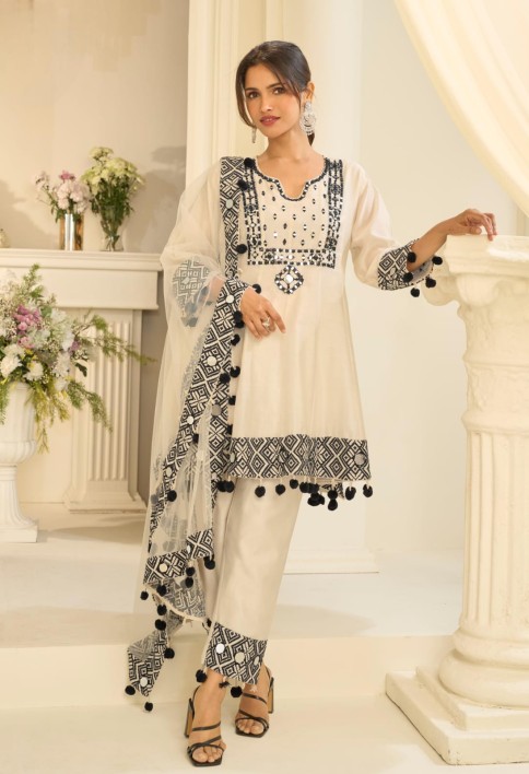 Off White Mirror Embroidery Pant Style Suit