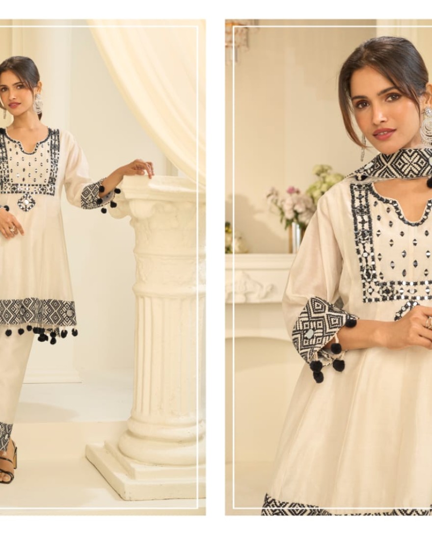 WHITE - Off White Mirror Embroidery Pant Style Suit