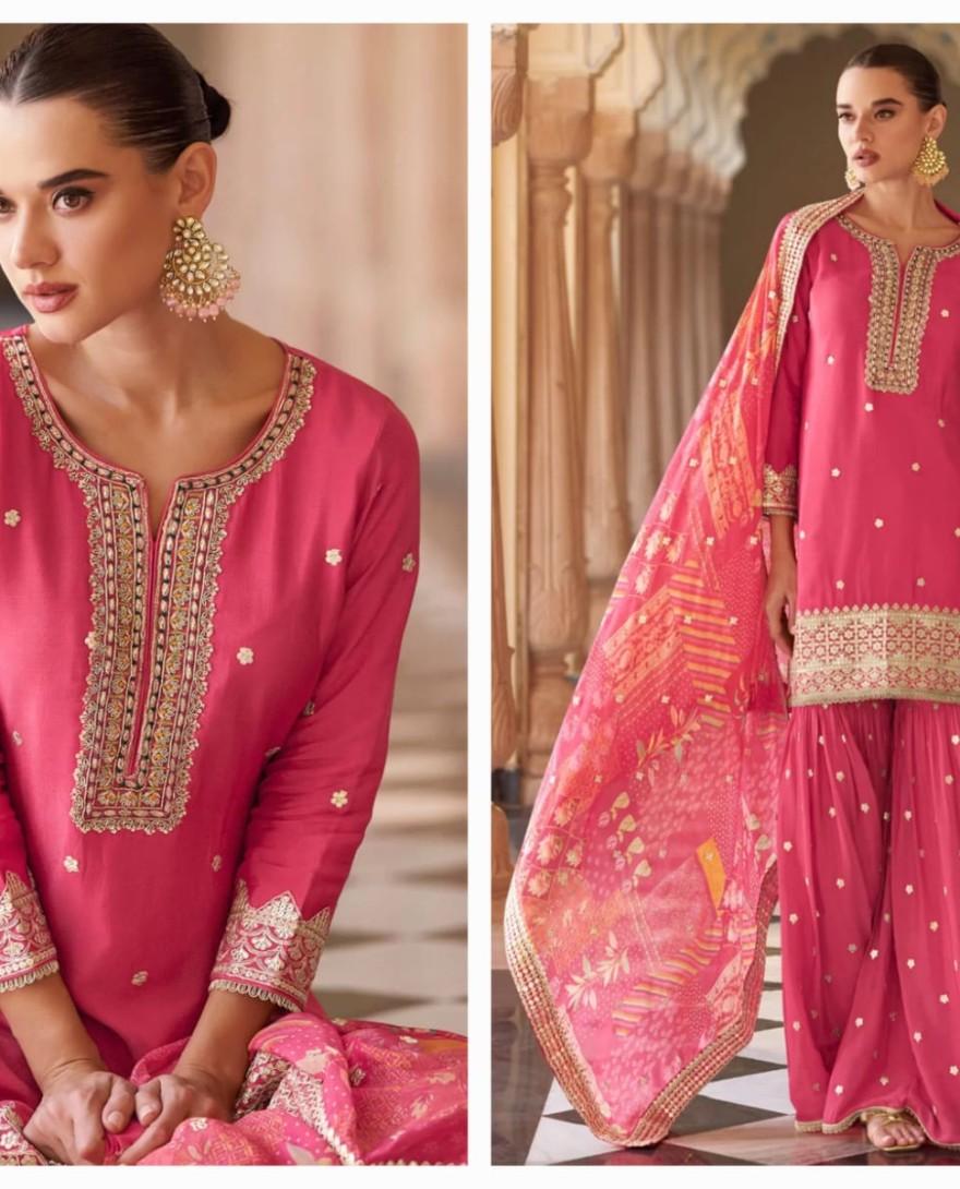 PINK - Simplistic Pink Silk Readymade Salwar Suit with Embroidered Work