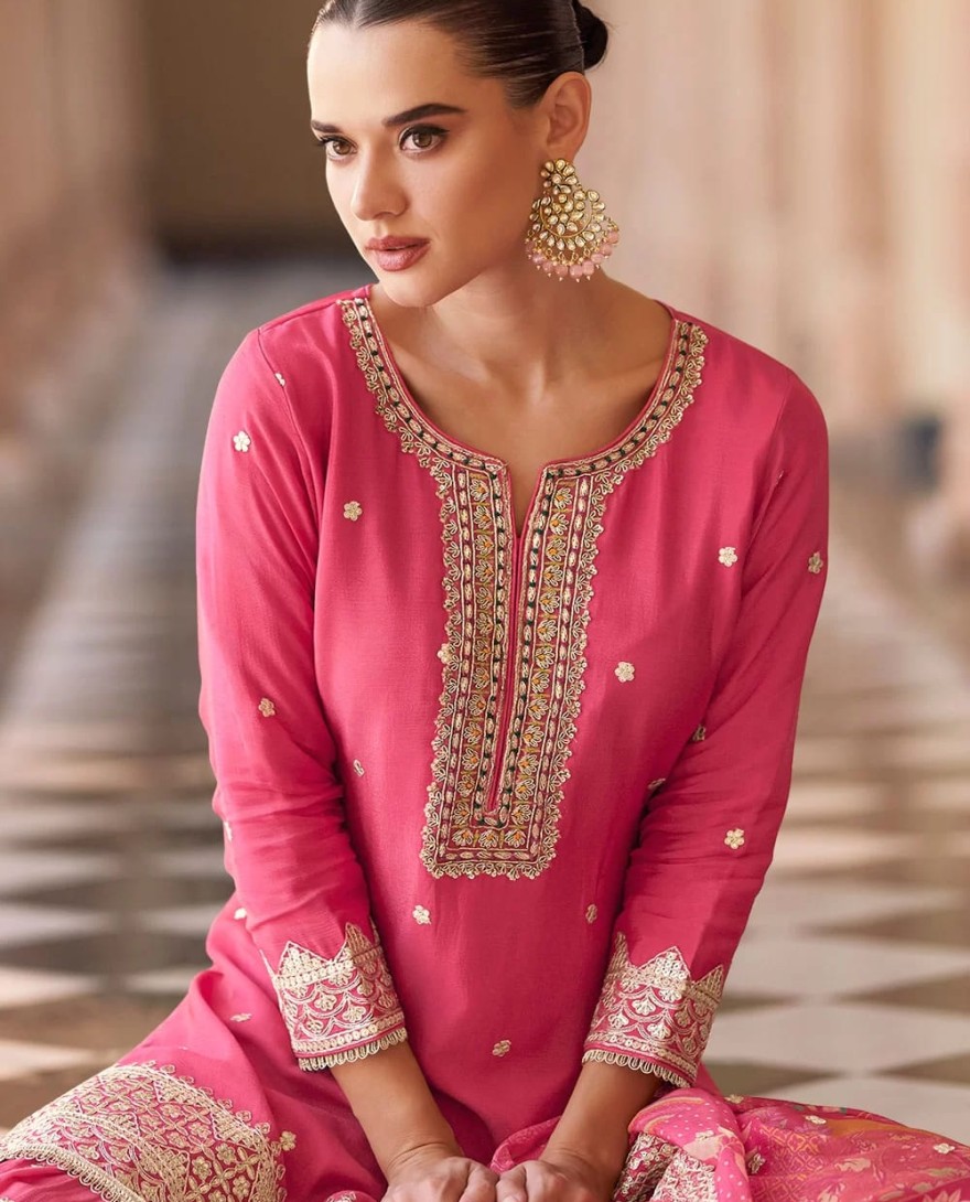 PINK - Simplistic Pink Silk Readymade Salwar Suit with Embroidered Work