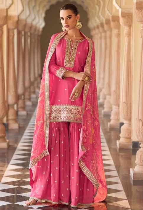 Simplistic Pink Silk Readymade Salwar Suit with Embroidered Work