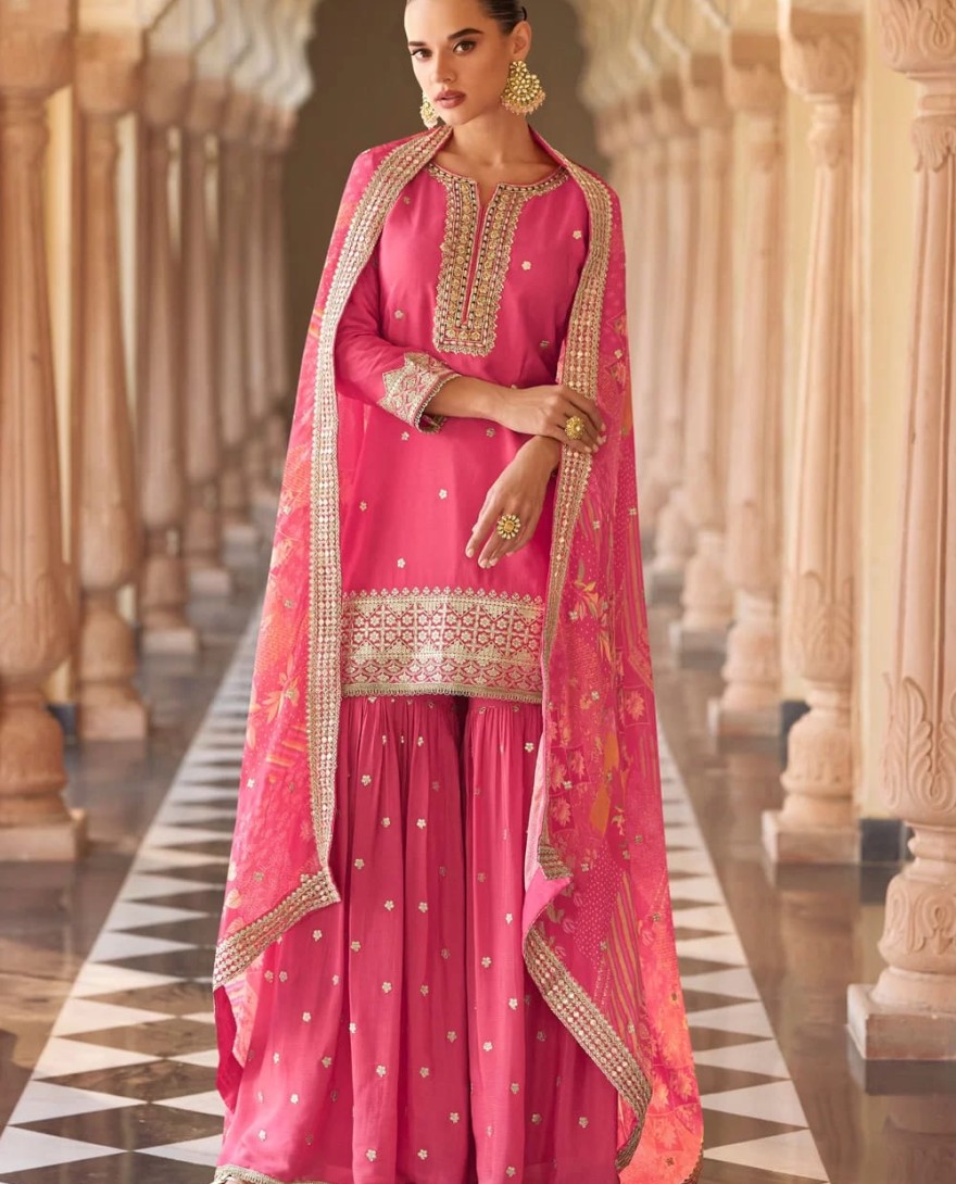 PINK - Simplistic Pink Silk Readymade Salwar Suit with Embroidered Work