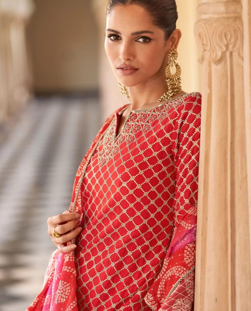 RED - Red Silk Embroidered Work Palazzo Salwar Suit