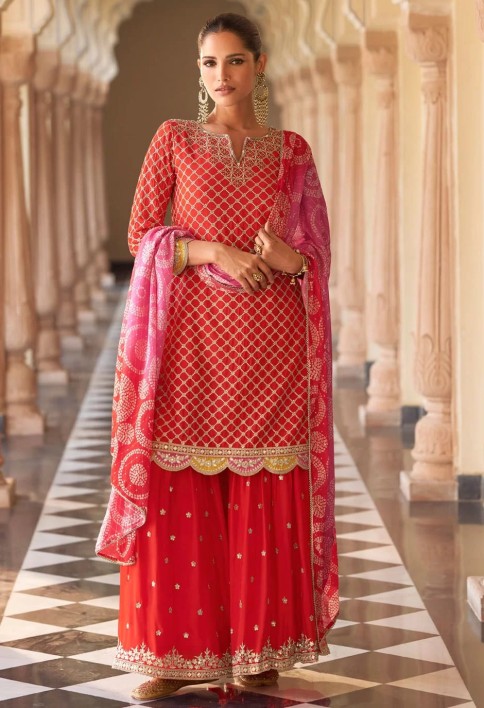 Red Silk Embroidered Work Palazzo Salwar Suit