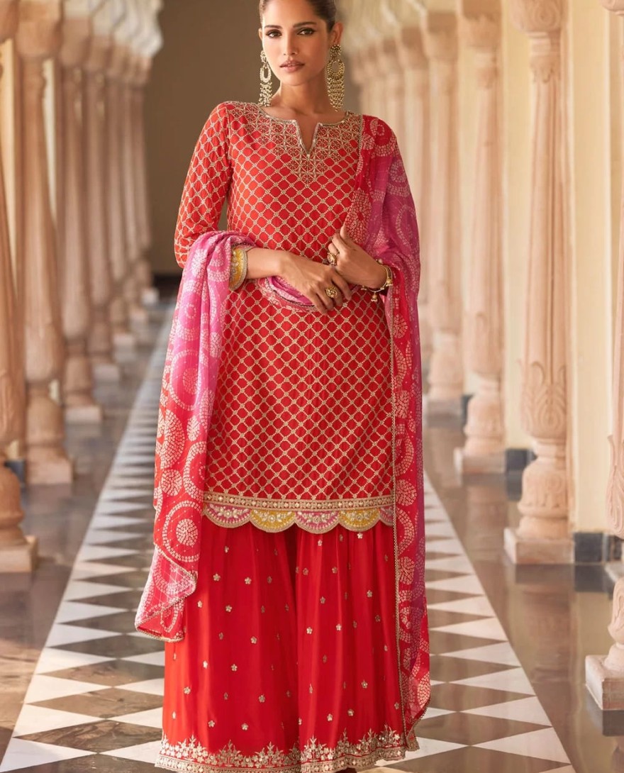 RED - Red Silk Embroidered Work Palazzo Salwar Suit