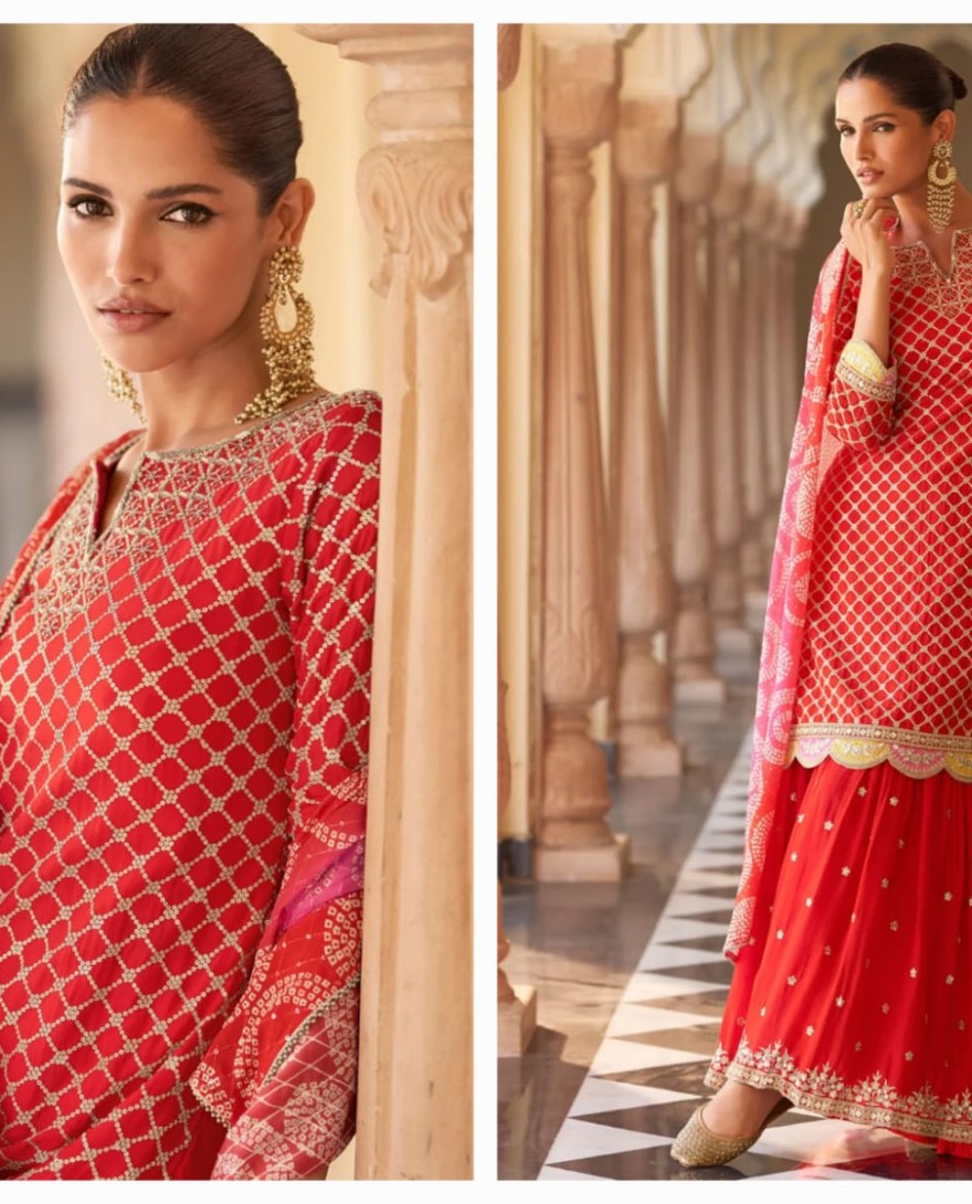 RED - Red Silk Embroidered Work Palazzo Salwar Suit