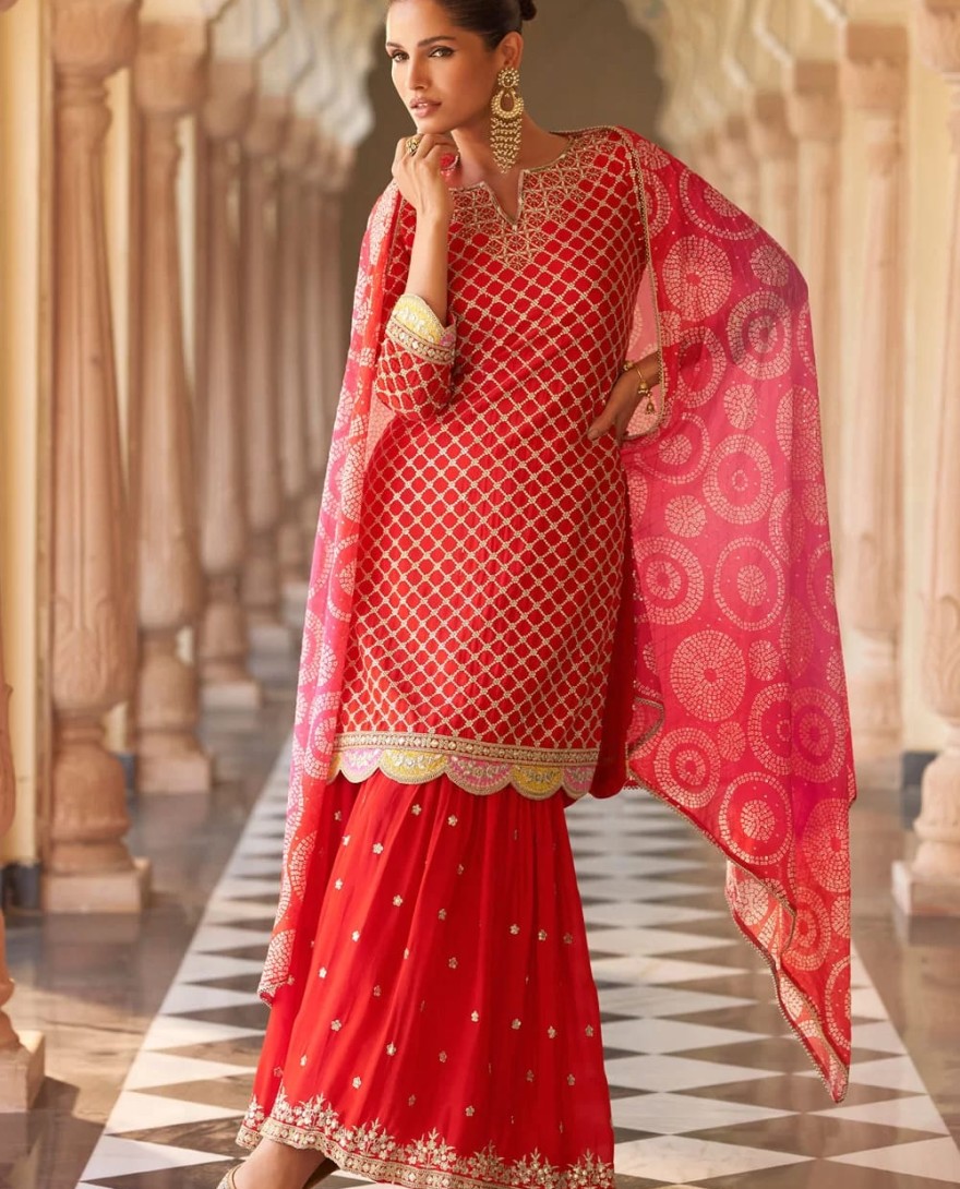 RED - Red Silk Embroidered Work Palazzo Salwar Suit