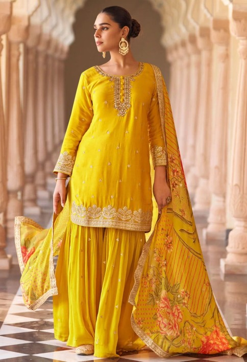 Yellow Silk Embroidered Work Salwar Suit for Ceremonial