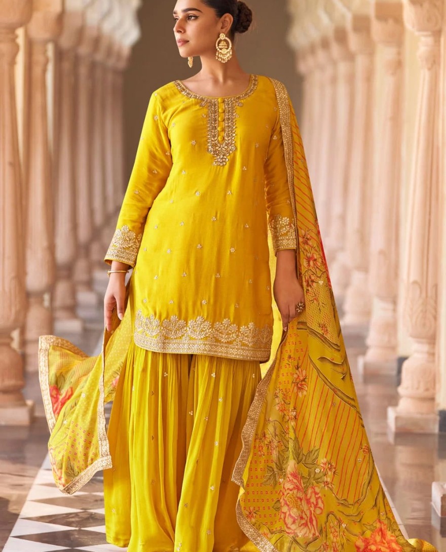 YELLOW - Yellow Silk Embroidered Work Salwar Suit for Ceremonial