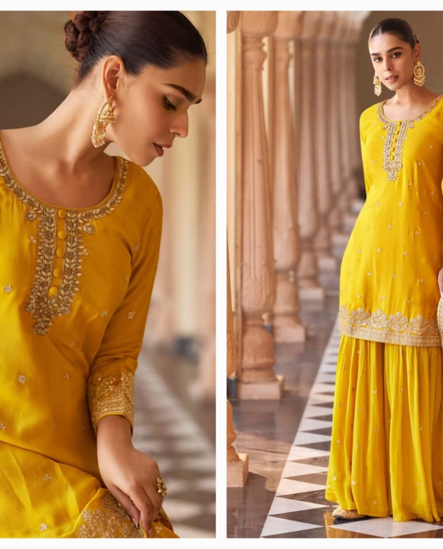 YELLOW - Yellow Silk Embroidered Work Salwar Suit for Ceremonial