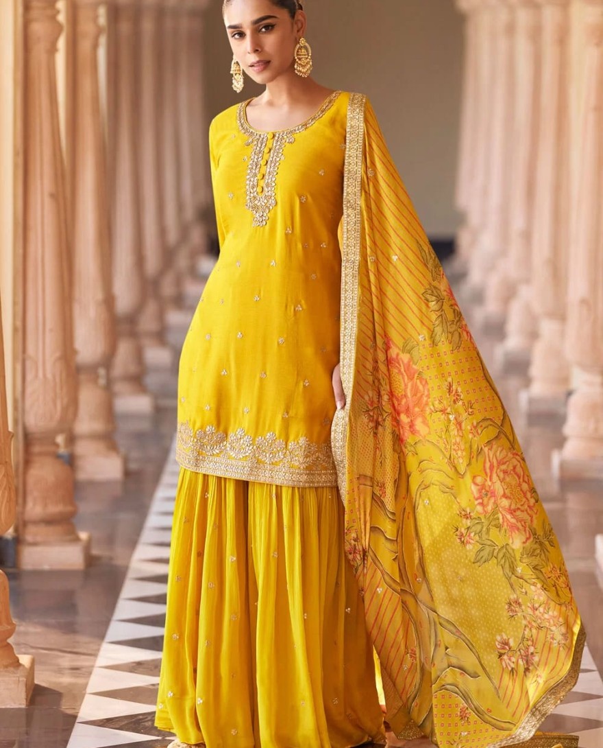 YELLOW - Yellow Silk Embroidered Work Salwar Suit for Ceremonial