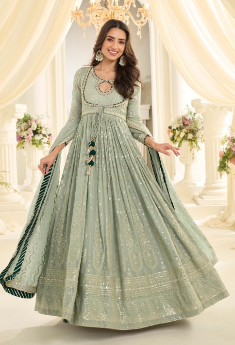 Green Elegance Embroidered Anarkali Gown