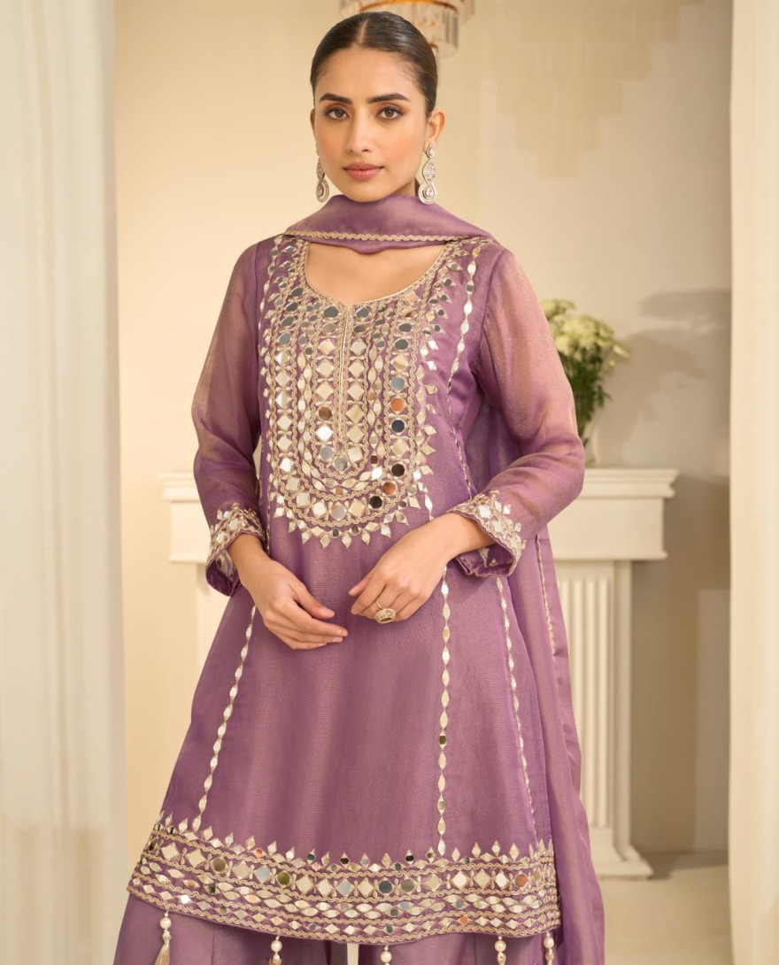PURPLE - Mauve Purple Mirror Embroidery Sharara Style Suit