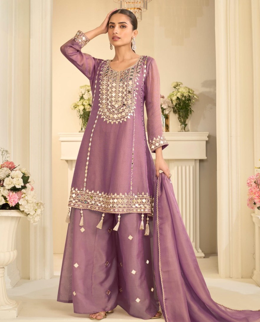 PURPLE - Mauve Purple Mirror Embroidery Sharara Style Suit
