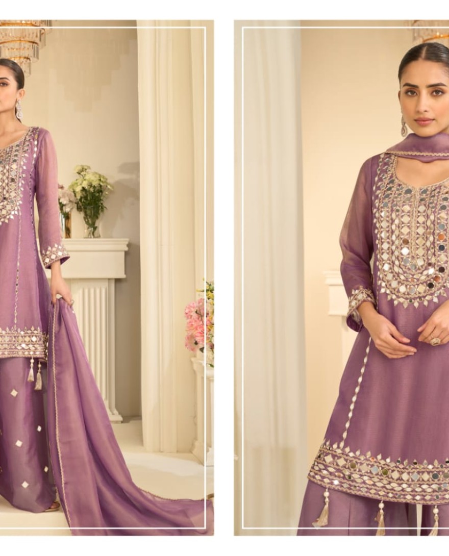 PURPLE - Mauve Purple Mirror Embroidery Sharara Style Suit