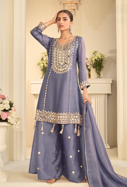 Mist Purple Mirror Embroidery Sharara Style Suit