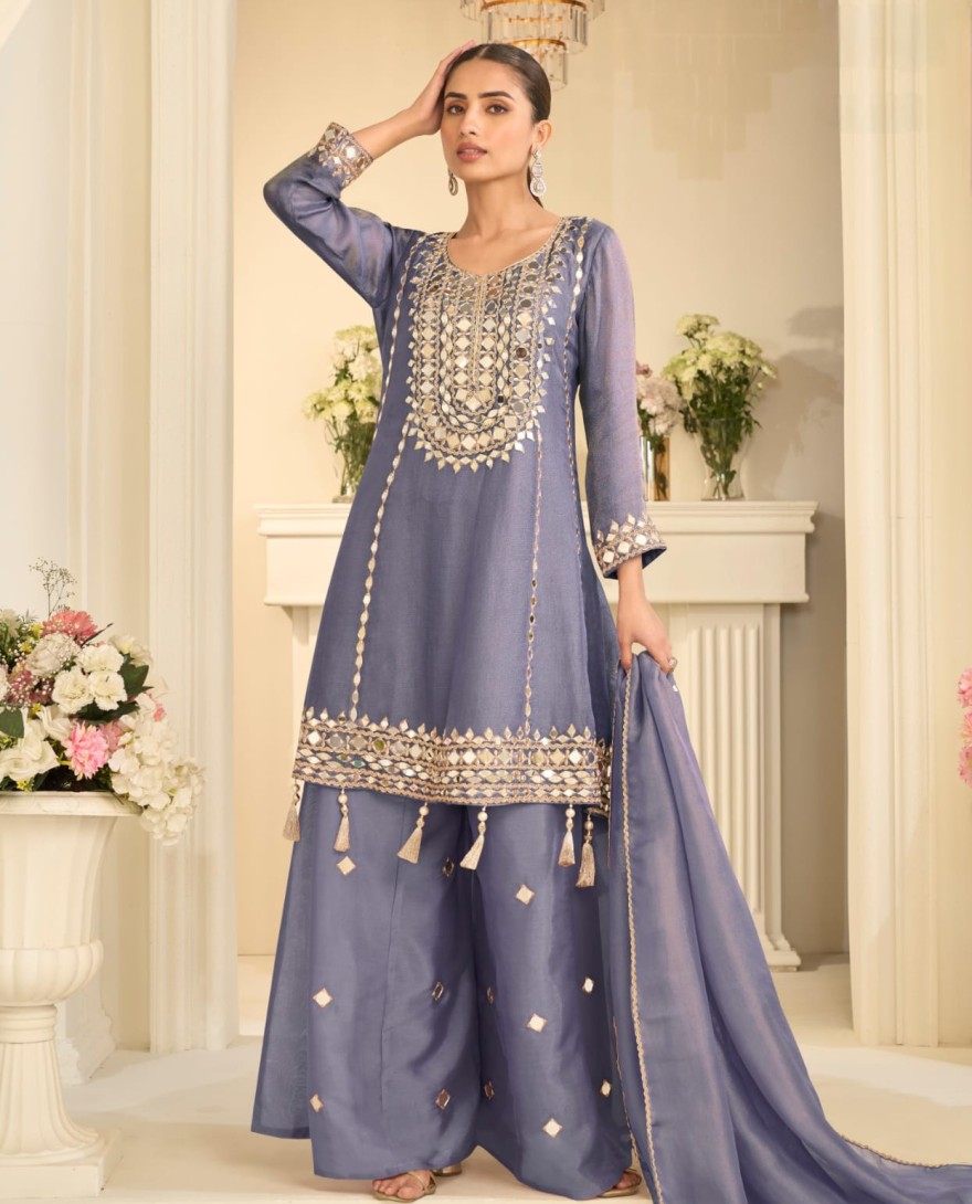 BLUE - Mist Purple Mirror Embroidery Sharara Style Suit
