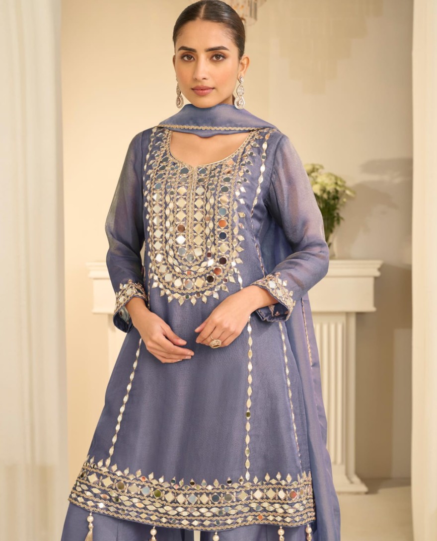BLUE - Mist Purple Mirror Embroidery Sharara Style Suit