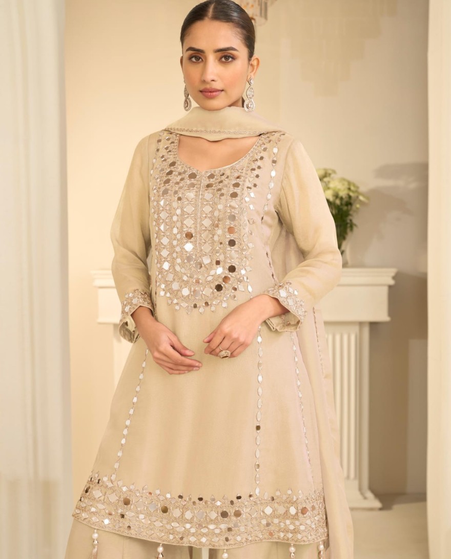 WHITE - Cream Beige Mirror Embroidery Sharara Style Suit