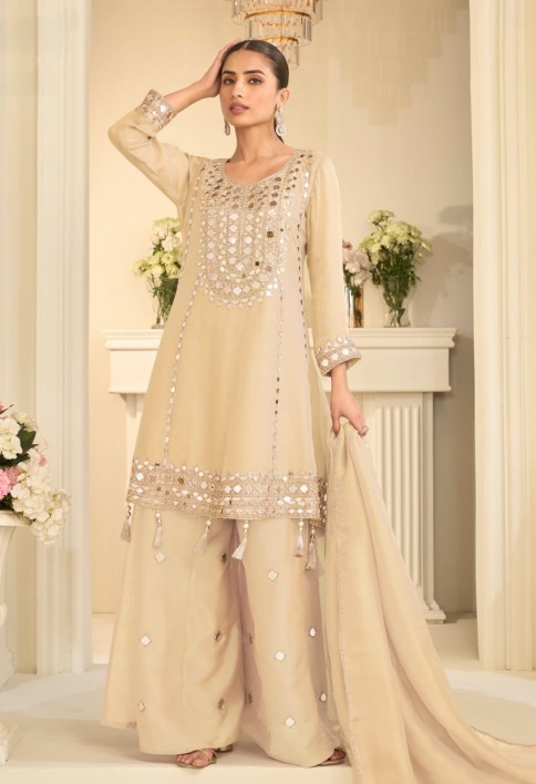 Cream Beige Mirror Embroidery Sharara Style Suit