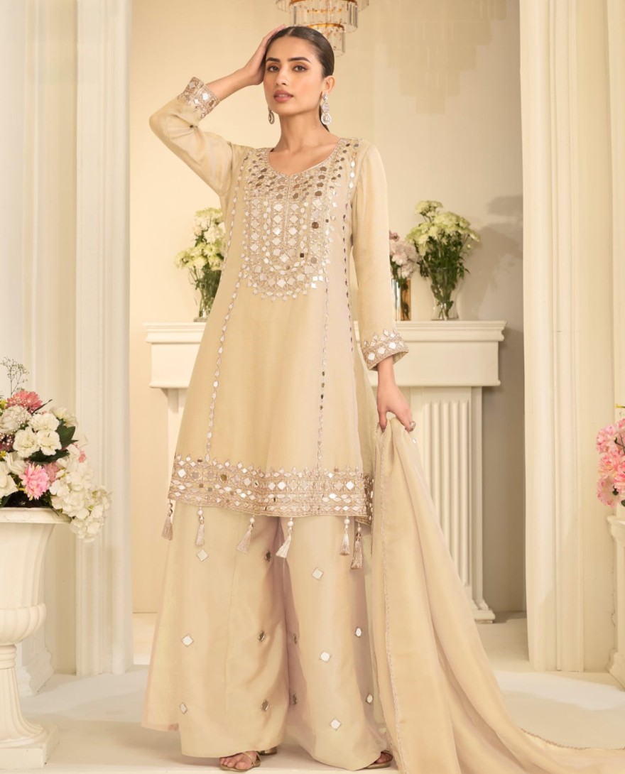 WHITE - Cream Beige Mirror Embroidery Sharara Style Suit