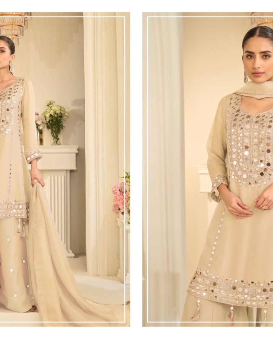 WHITE - Cream Beige Mirror Embroidery Sharara Style Suit