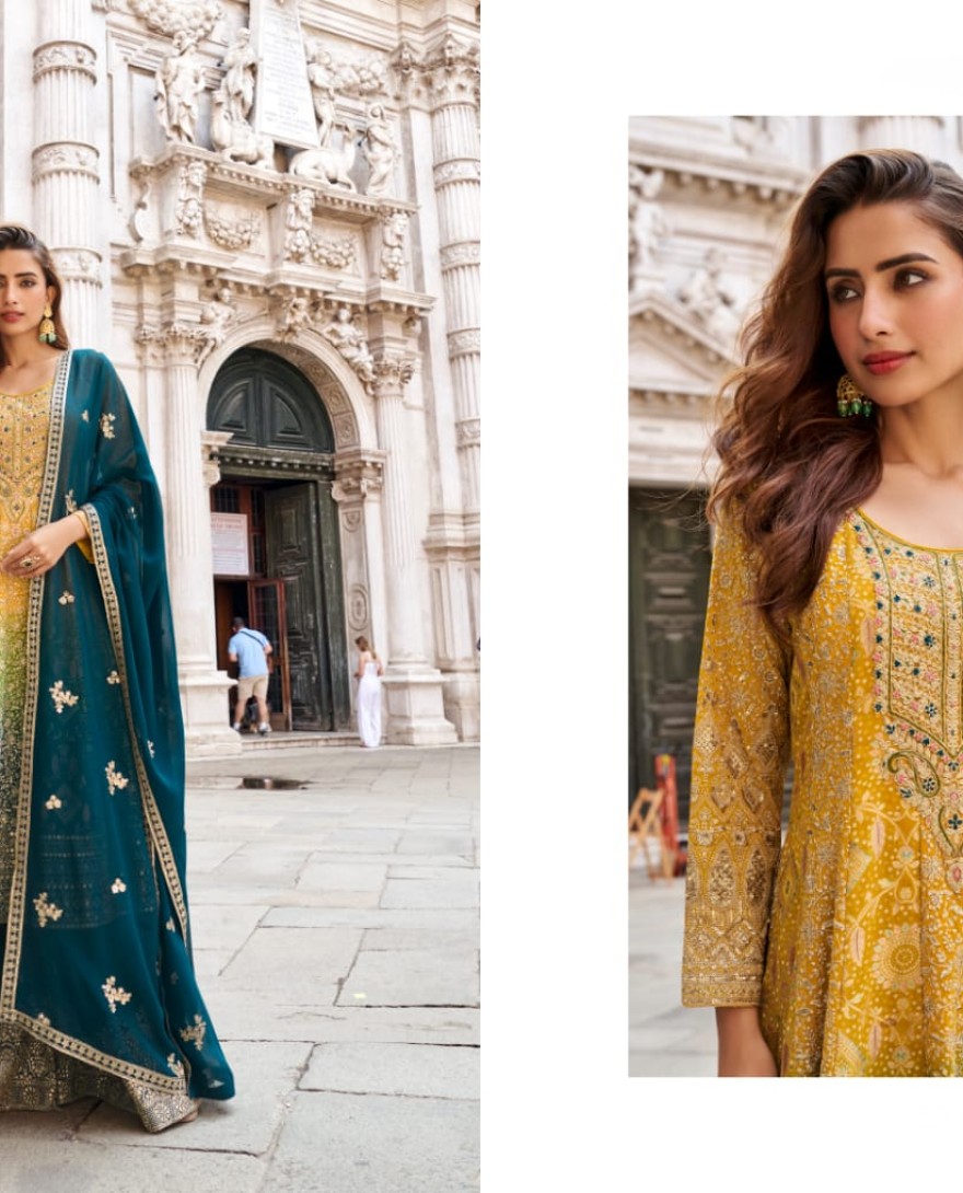 BLUE - Blue & Mustard Jacquard Silk Palazzo Suit
