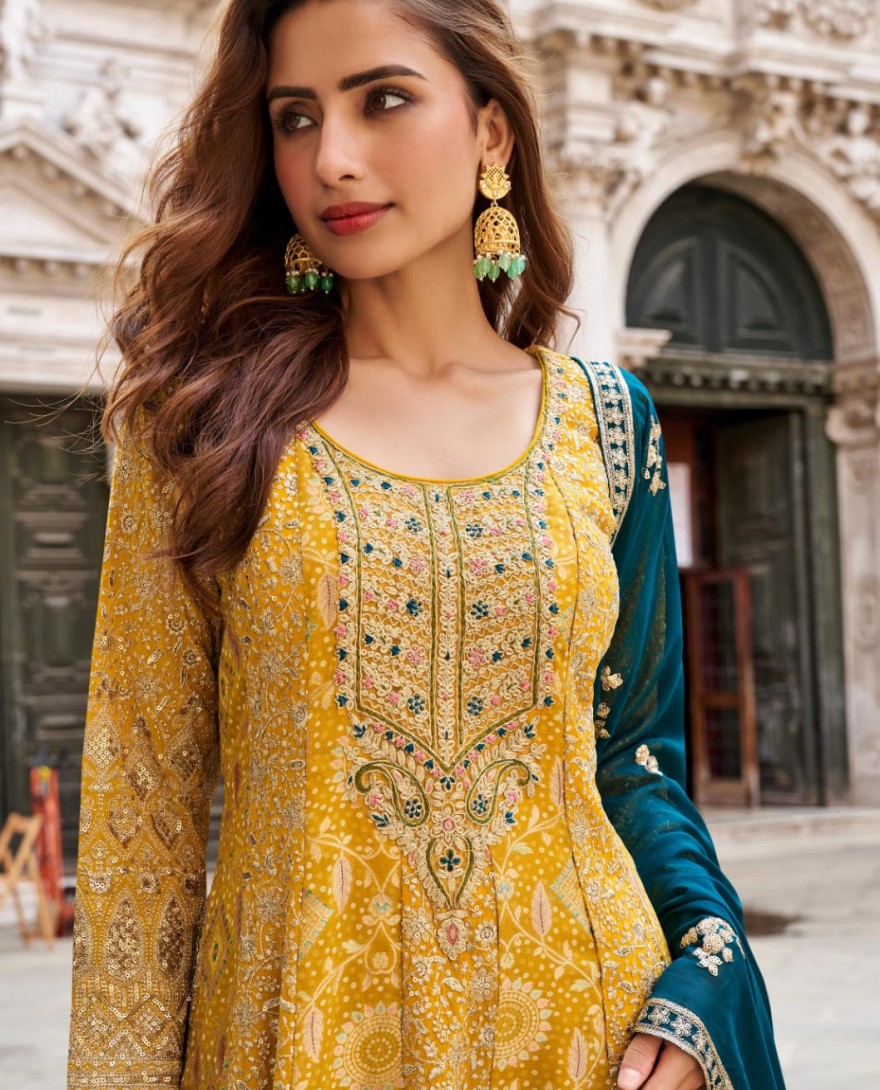 BLUE - Blue & Mustard Jacquard Silk Palazzo Suit