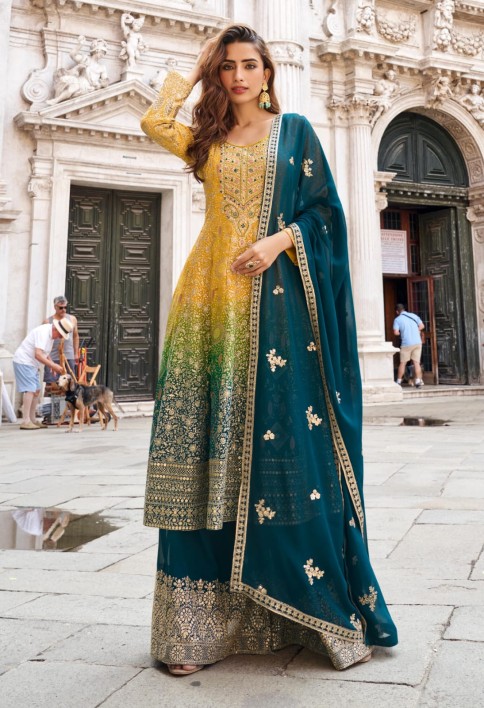 Blue & Mustard Jacquard Silk Palazzo Suit