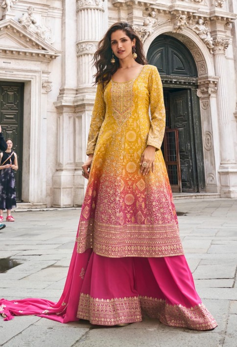 Pink & Mustard Jacquard Silk Palazzo Suit