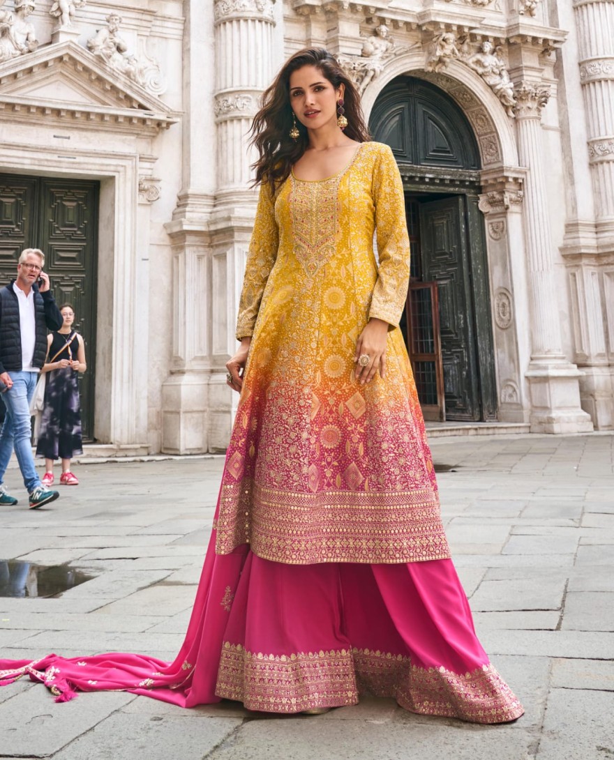 PINK - Pink & Mustard Jacquard Silk Palazzo Suit