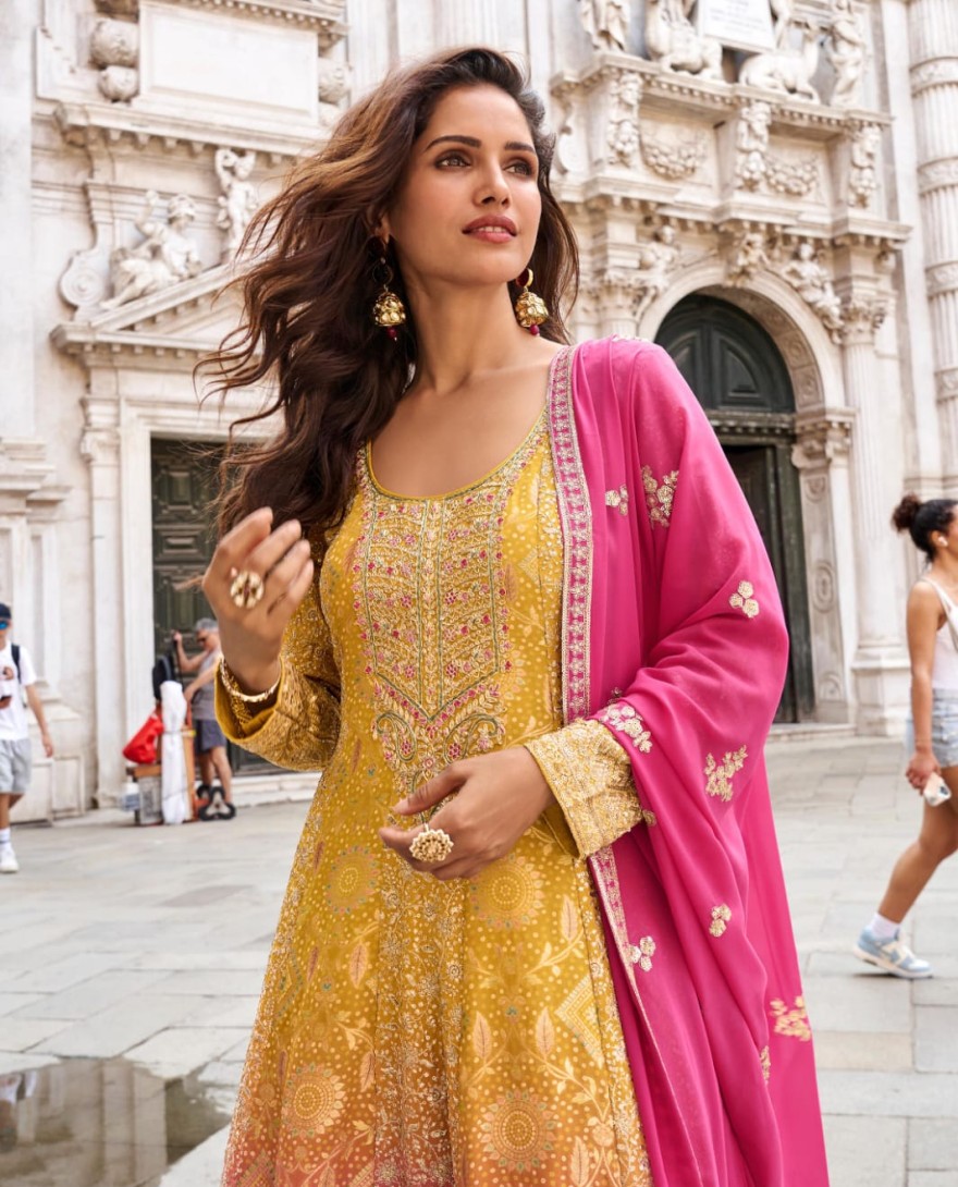 PINK - Pink & Mustard Jacquard Silk Palazzo Suit