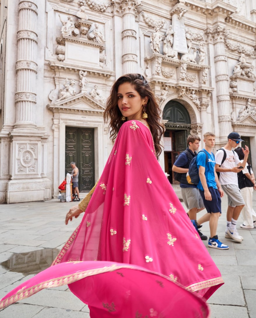 PINK - Pink & Mustard Jacquard Silk Palazzo Suit