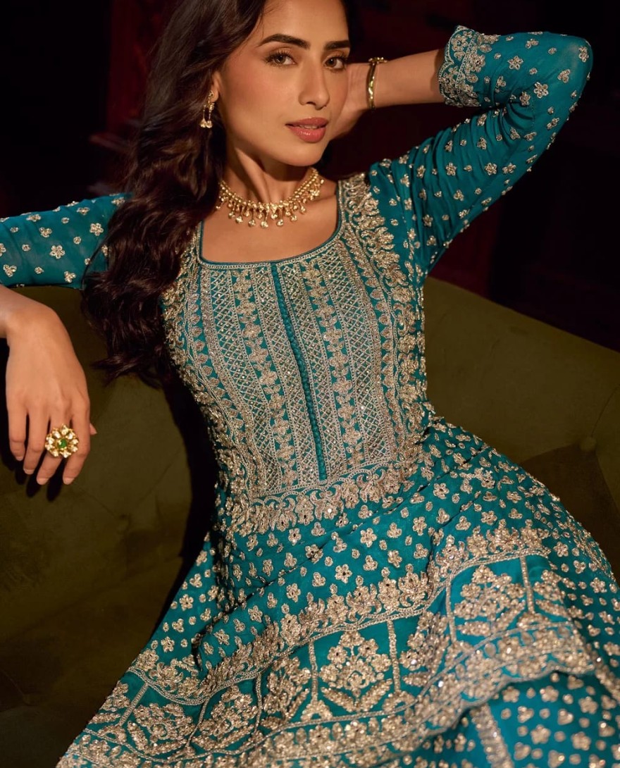  BLUE - Morpich Embroidered Georgette Designer Lehenga Kameez