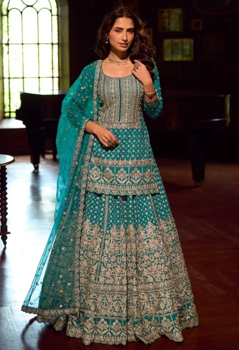 Morpich Embroidered Georgette Designer Lehenga Kameez
