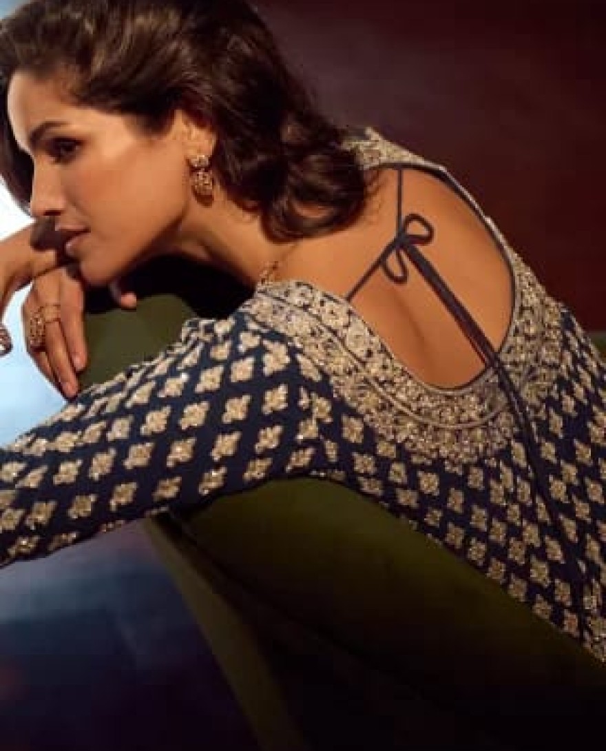 NAVYBLUE - Midnight Blue Embroidered Georgette Designer Lehenga Kameez