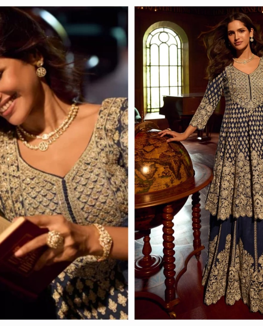 NAVYBLUE - Midnight Blue Embroidered Georgette Designer Lehenga Kameez