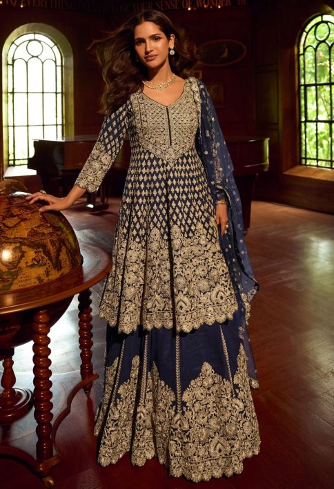 Midnight Blue Embroidered Georgette Designer Lehenga Kameez