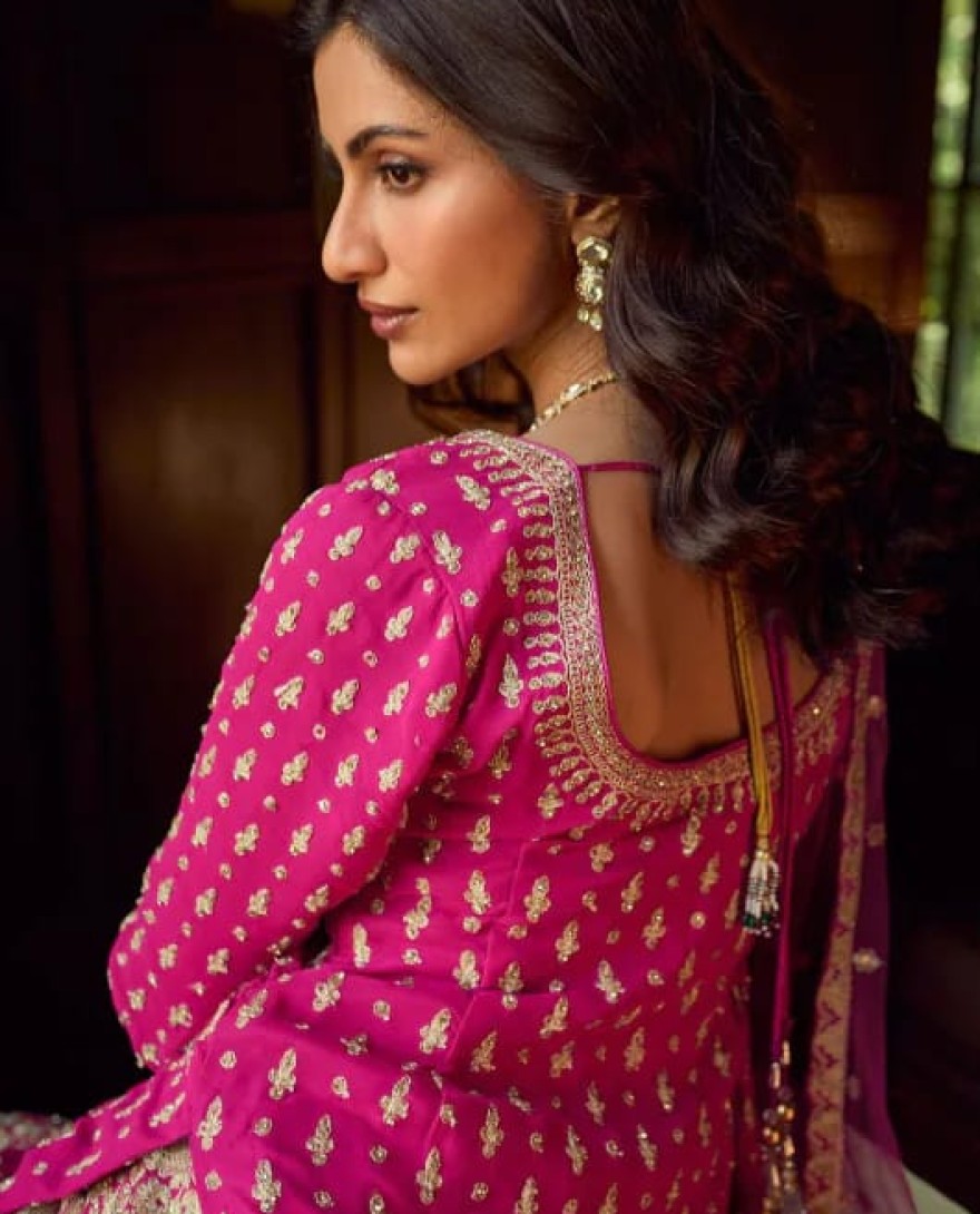 PINK - Rani Pink Embroidered Georgette Designer Lehenga Kameez