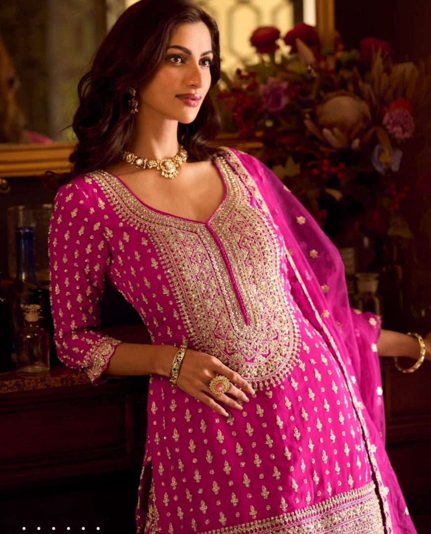 PINK - Rani Pink Embroidered Georgette Designer Lehenga Kameez