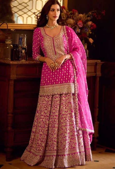 Rani Pink Embroidered Georgette Designer Lehenga Kameez