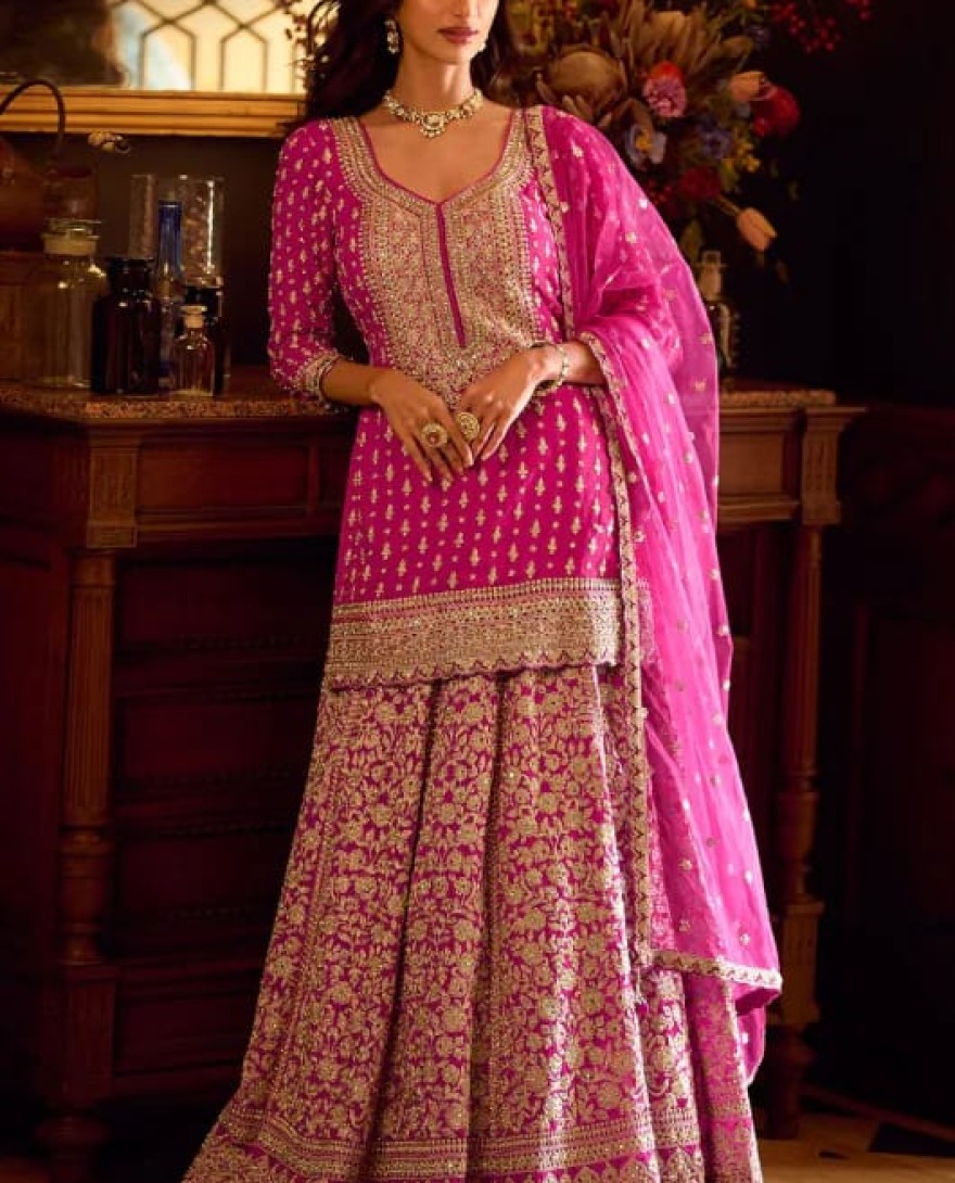 PINK - Rani Pink Embroidered Georgette Designer Lehenga Kameez