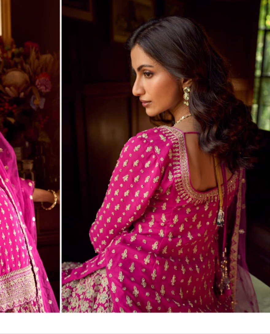 PINK - Rani Pink Embroidered Georgette Designer Lehenga Kameez