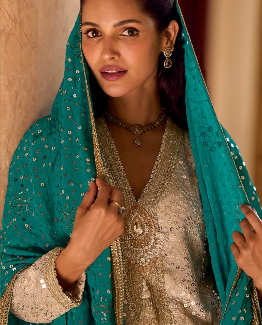 BLUE - BEIGE BROWN GEORGETTE EMBROIDERED TOP WITH DHOTI PANT & BLUE DUPATTA