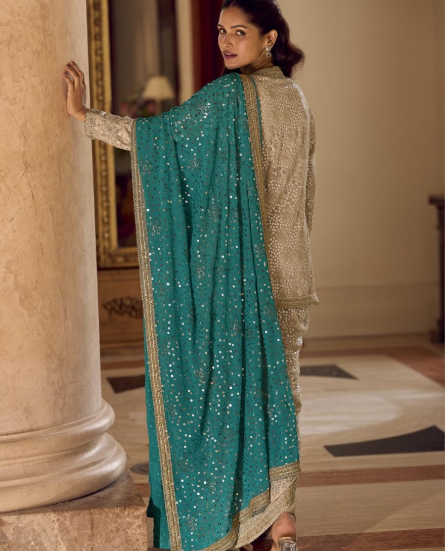 BLUE - BEIGE BROWN GEORGETTE EMBROIDERED TOP WITH DHOTI PANT & BLUE DUPATTA