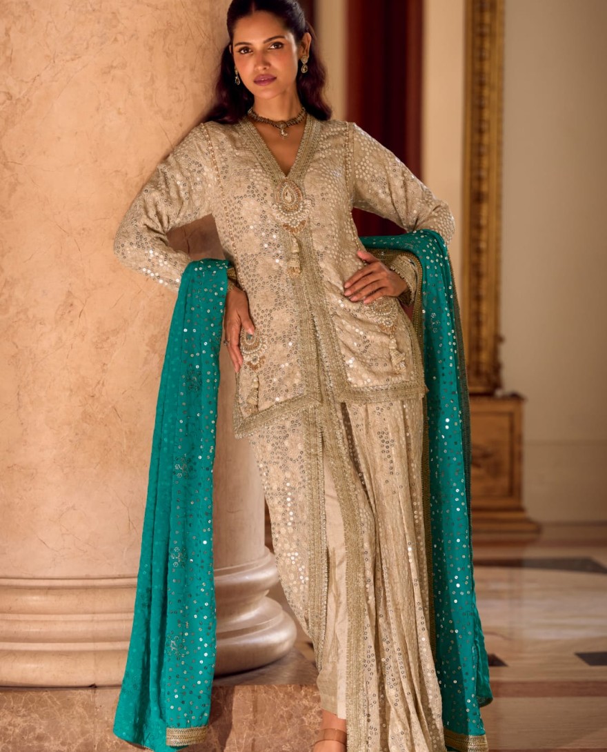 BLUE - BEIGE BROWN GEORGETTE EMBROIDERED TOP WITH DHOTI PANT & BLUE DUPATTA