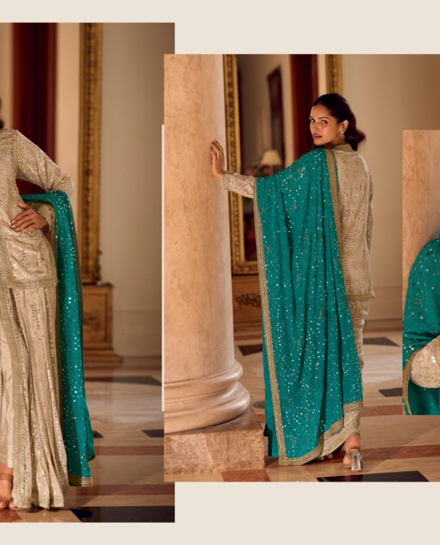 BLUE - BEIGE BROWN GEORGETTE EMBROIDERED TOP WITH DHOTI PANT & BLUE DUPATTA