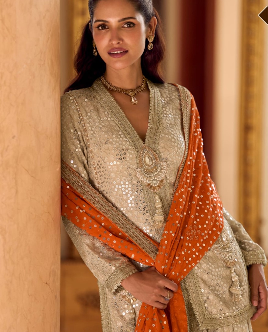 ORANGE - Premium Georgette Orange Heavy Hand-Embroidered Dhoti Set